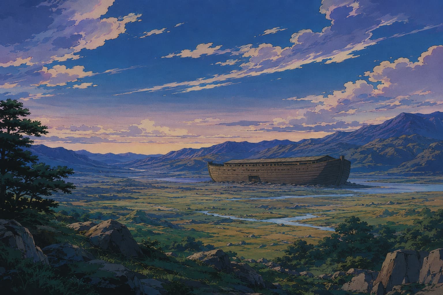 Anime-style landscape painting of a vast valley with a wooden ark, green fields, and a dramatic sky at dusk